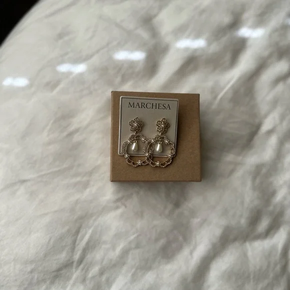 GoldTone Mother of Pearl, Imitation Pearl & Crystal Flower Orbital Drop Earrings - Picture 5 of 6